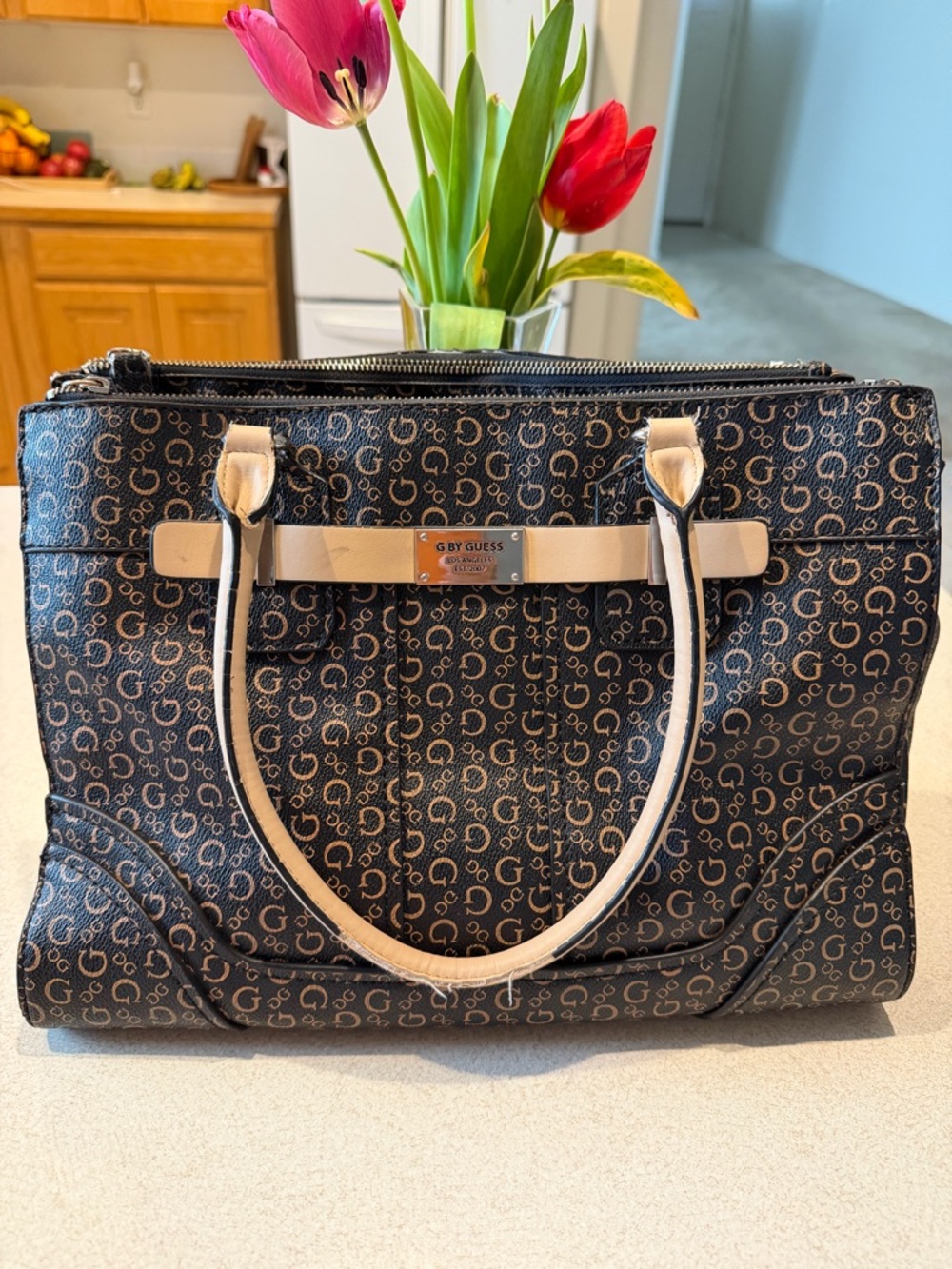 Guess Black Logo Tote with Cream Handles and Accents